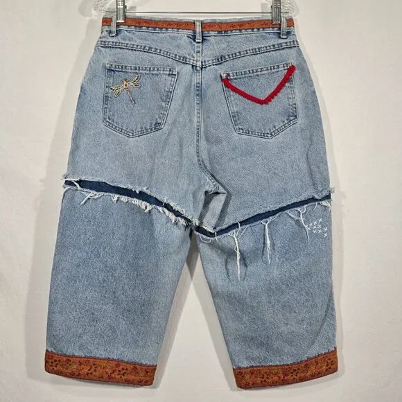 VINTAGE 90s UPCYCLE Handmade Patchwork Super Girly BOHO Baggy Capri Jean Size 12 - Picture 3 of 17